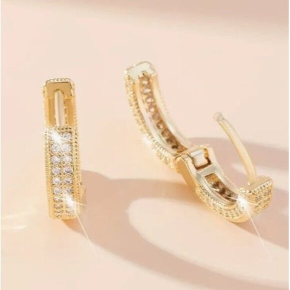14k Gold Plated Simulated Diamond Huggie Earrings - Picture 6 of 10